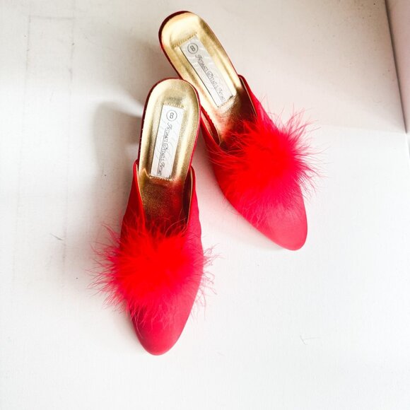Vintage Intimate Details Red Satin Fur Pom Pom Bedroom Slippers Kitten Heel 8 - Picture 1 of 7
